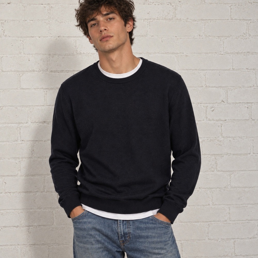 Uniqlo Mens Merino Wool Crew Neck Sweater Size L Navy Blue Minimalist Classic